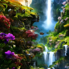 Colorful fantasy landscape with waterfalls, floating islands, and starry sunset sky