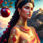 Digital portrait of woman in traditional attire with elaborate jewelry, ancient columns, pomegranate trees