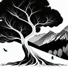 Detailed black and white tree illustration with birds, mountains, and flora