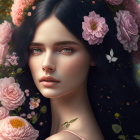 Digital portrait of a woman with floral elements and vibrant flowers in her hair