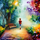 Child in Red Coat on Colorful Pathway by Serene Lake