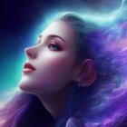 Digital Artwork: Woman with Galaxy Hair & Butterflies in Blue, Purple, Pink