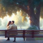 Sunset park bench scene with two people amidst trees and flowers