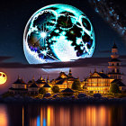 Fantastical artwork: Oversized moon over lakeside houses