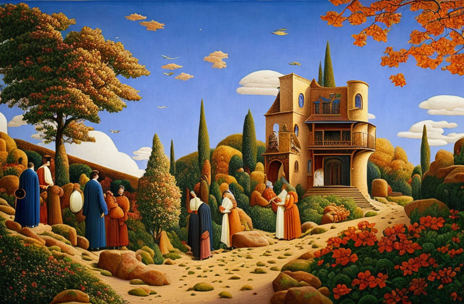 Surrealist painting with people in period clothing near whimsical house