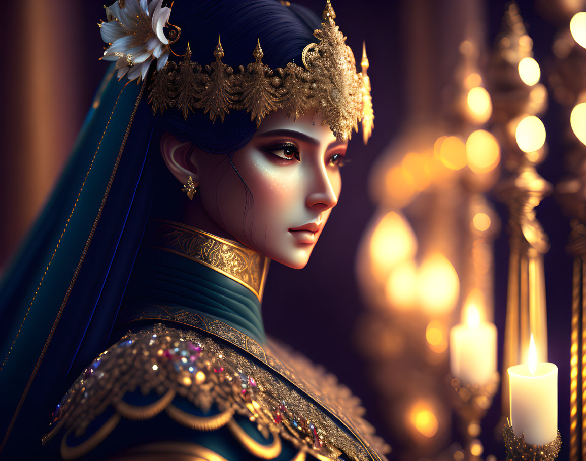 Regal woman with golden jewelry and headdress, illuminated by candlelight