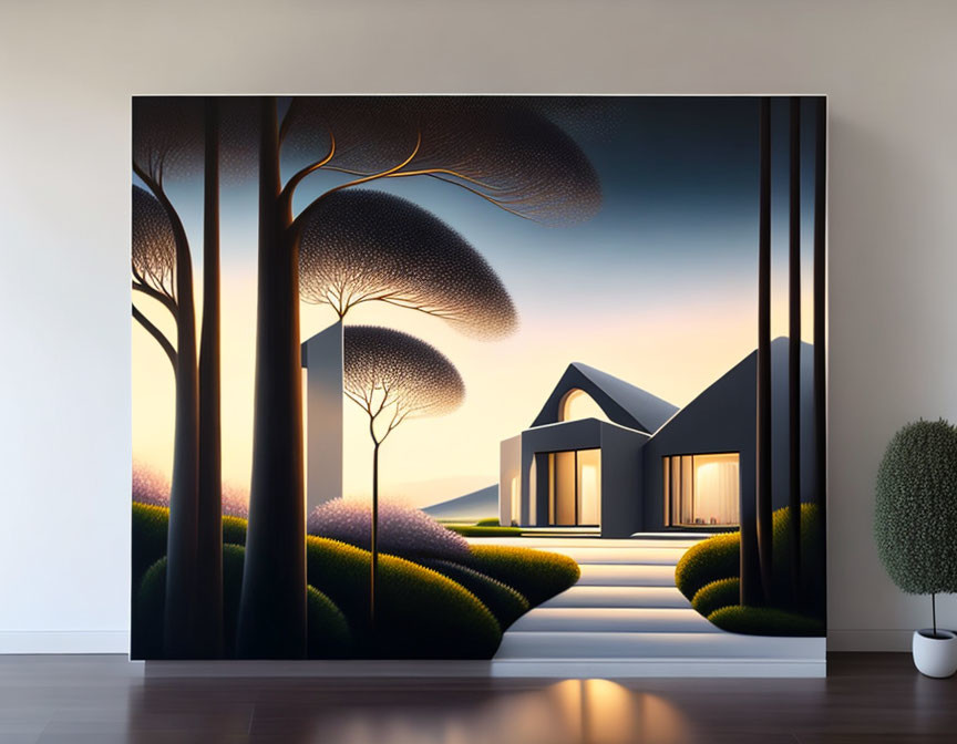 Surreal modern house with stylized trees on canvas in room