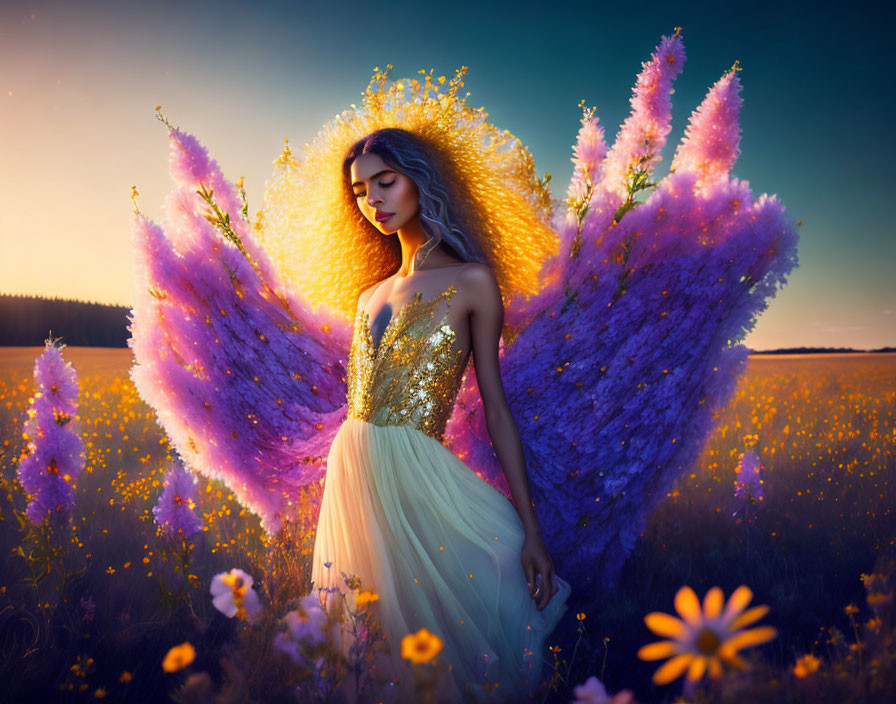 Woman in Glittery Gold Top Surrounded by Wildflowers at Dusk