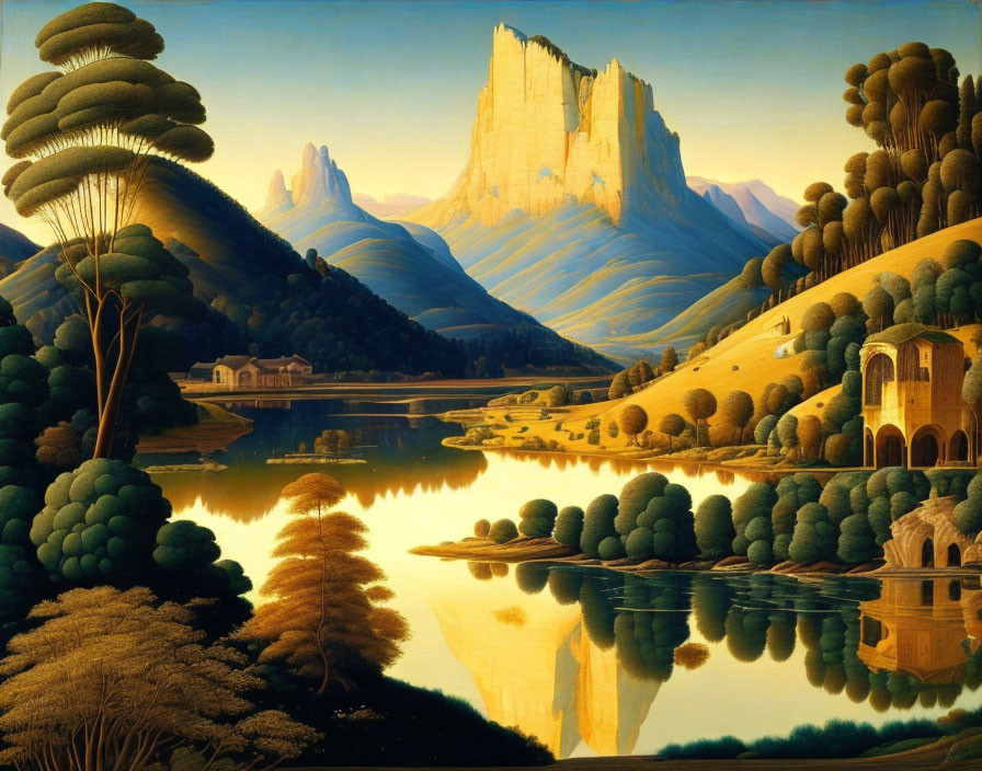 Tranquil landscape painting of reflective lake, lush trees, towering cliffs, and golden sky