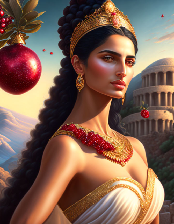 Digital portrait of woman in traditional attire with elaborate jewelry, ancient columns, pomegranate trees