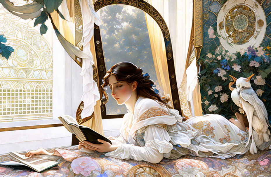 Woman in white dress reading book by ornate window with white cat, lush greenery, and intricate