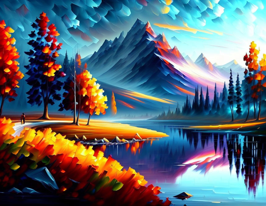 Colorful autumn landscape with trees, lake reflection, mountain backdrop, and figure