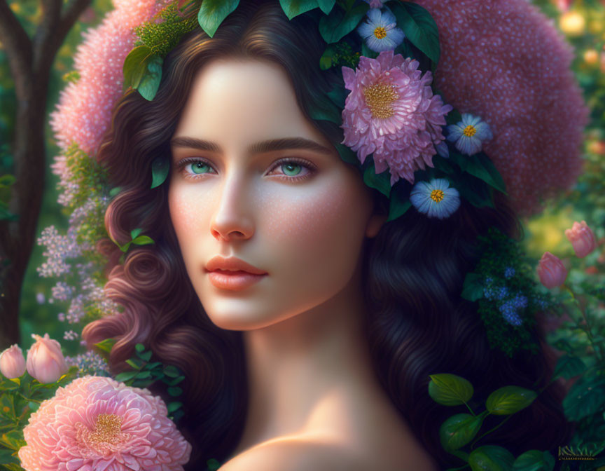 Digital portrait of a woman with floral elements and vibrant flowers in her hair