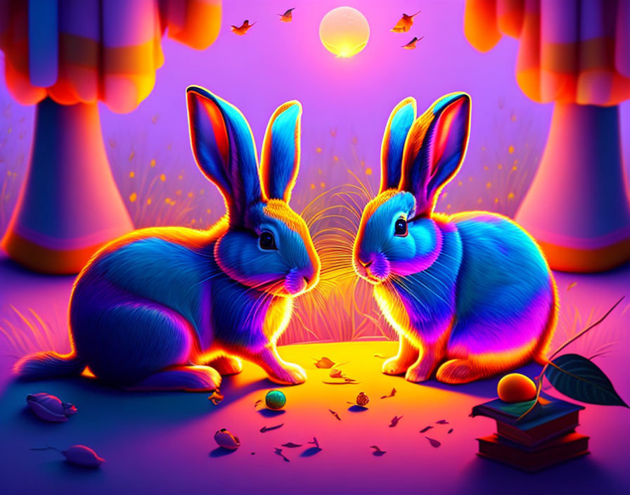 Vibrant neon-colored rabbits in twilight setting with full moon, nuts, leaves, and book.