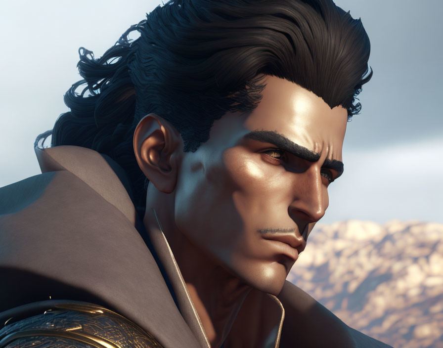 Male character with black hair and cape in 3D-rendered image