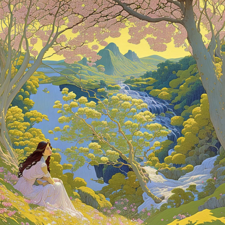 Illustrated woman under cherry blossoms with waterfall and mountains in vibrant landscape