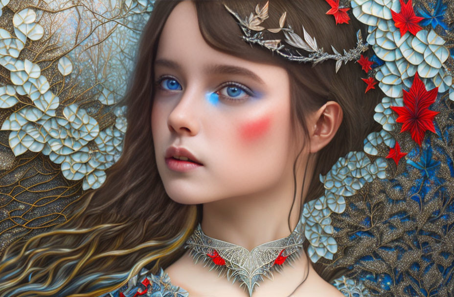 Detailed digital art: girl with blue eyes, red cheeks, leaf crown, wavy hair, nature