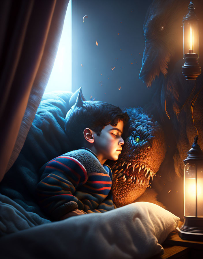 Child Sleeping Beside Large Gentle Monster at Night