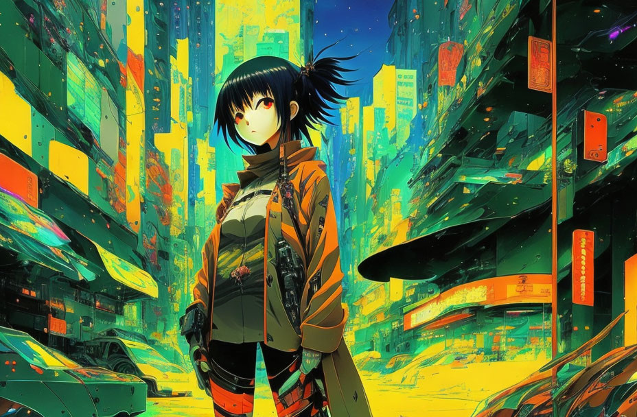 Black-haired woman in neon-lit futuristic cityscape.