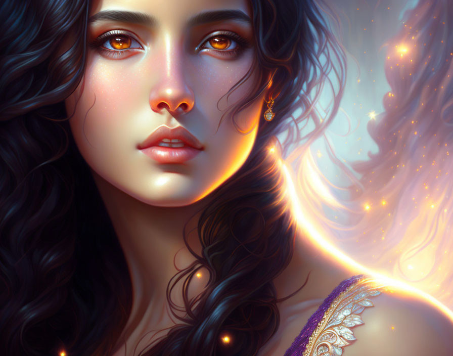 Illustrated portrait of a woman with dark curly hair and glowing amber eyes in a mystical setting.