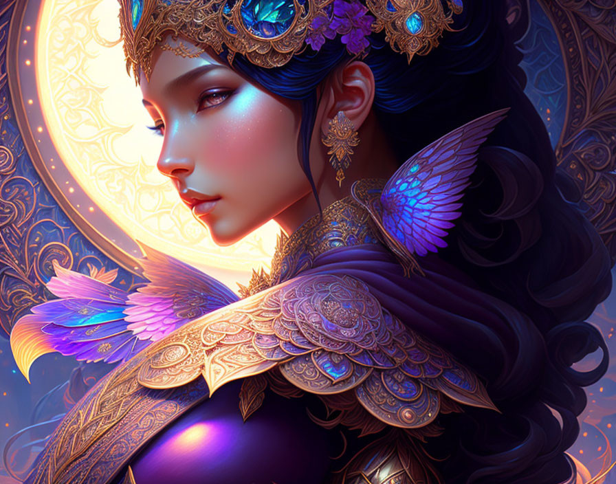 Fantasy digital artwork: Woman with golden headgear, butterfly wings, and intricate armor against ornate