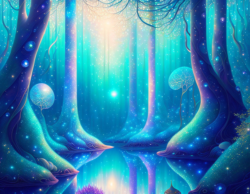 Enchanting mystical forest with glowing blue and purple hues