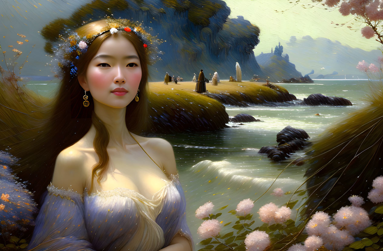 Woman in floral headpiece amidst fantasy landscape with serene waters and distant figures.