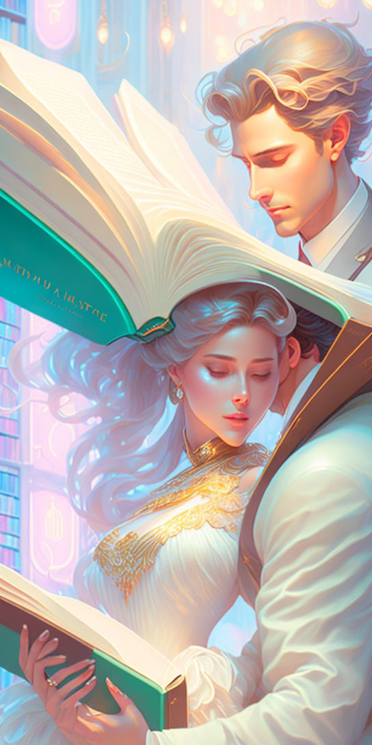 Illustrated couple in magical library setting from open book