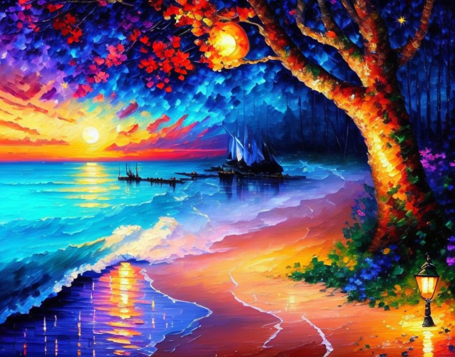 Colorful sunset beach painting with tree, boat, and street lamp.