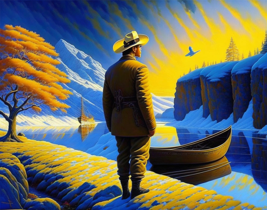 Cowboy hat person by canoe admires autumn mountain landscape at sunset