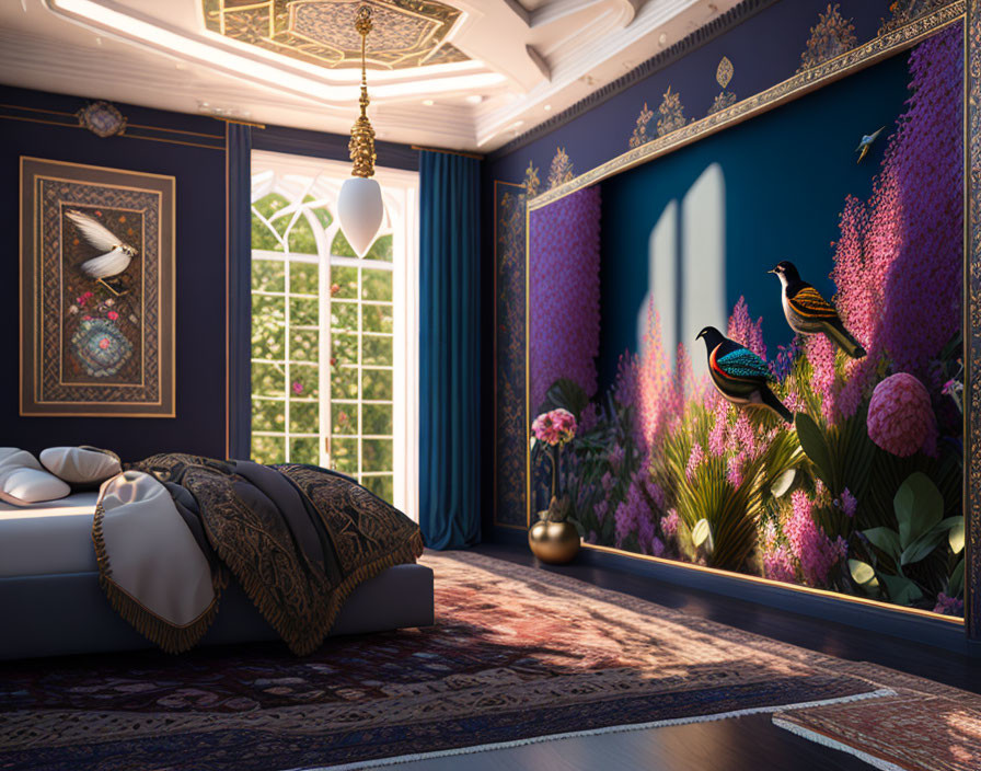 Luxurious Bedroom with Peacock Mural and Dark Blue Decor