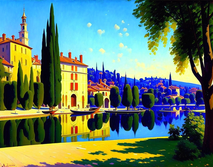 Colorful Painting of European Riverside Scene with Cypress Trees