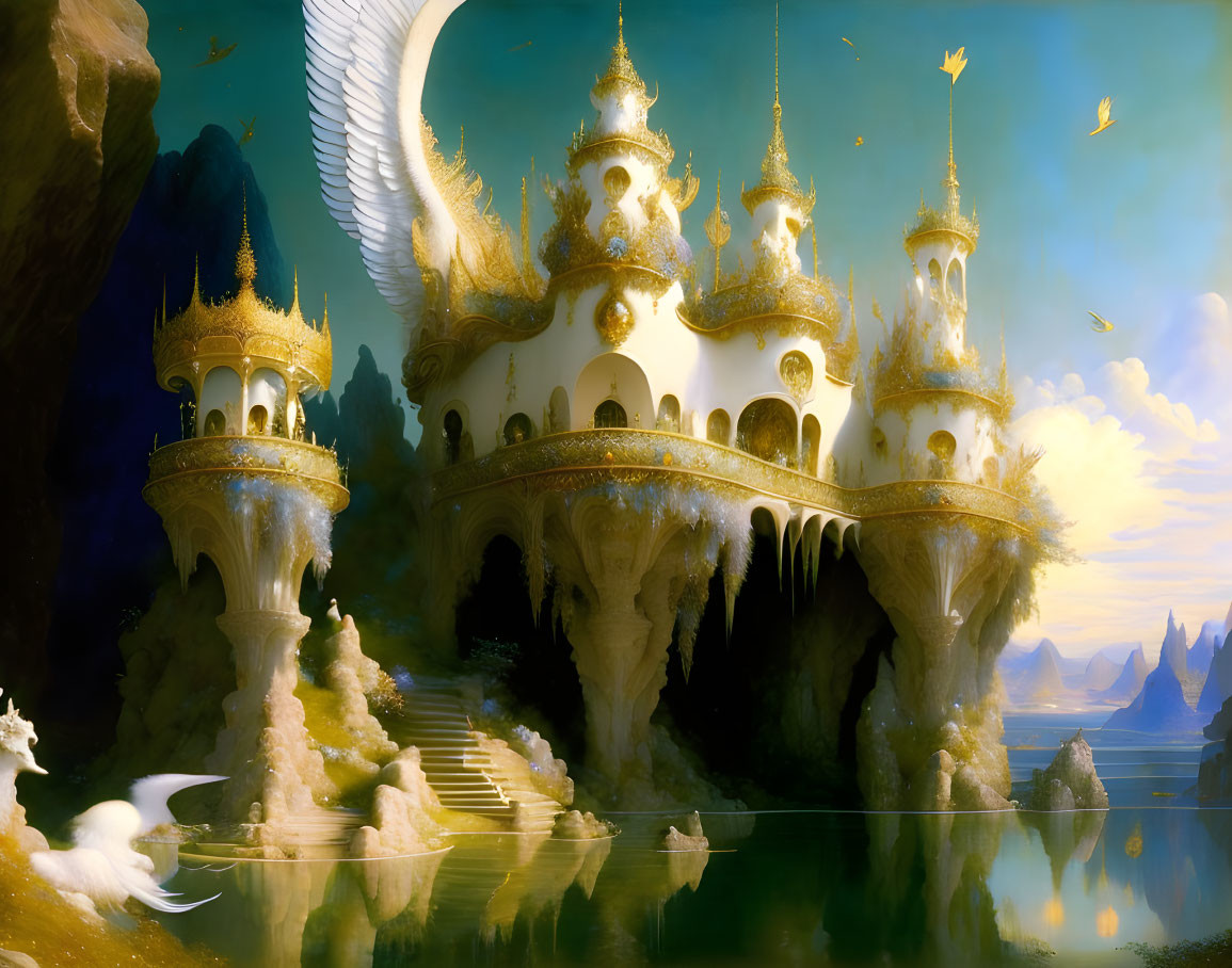 Golden palace with spires on cliff, birds flying, winged creature