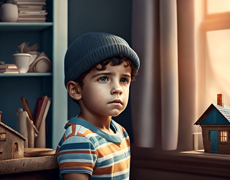 Young boy in knit cap near window with model houses and books