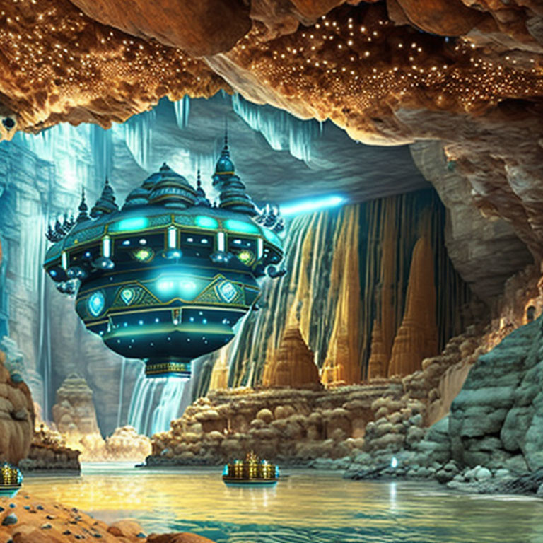 Majestic underground cavern with glowing lights and floating structure