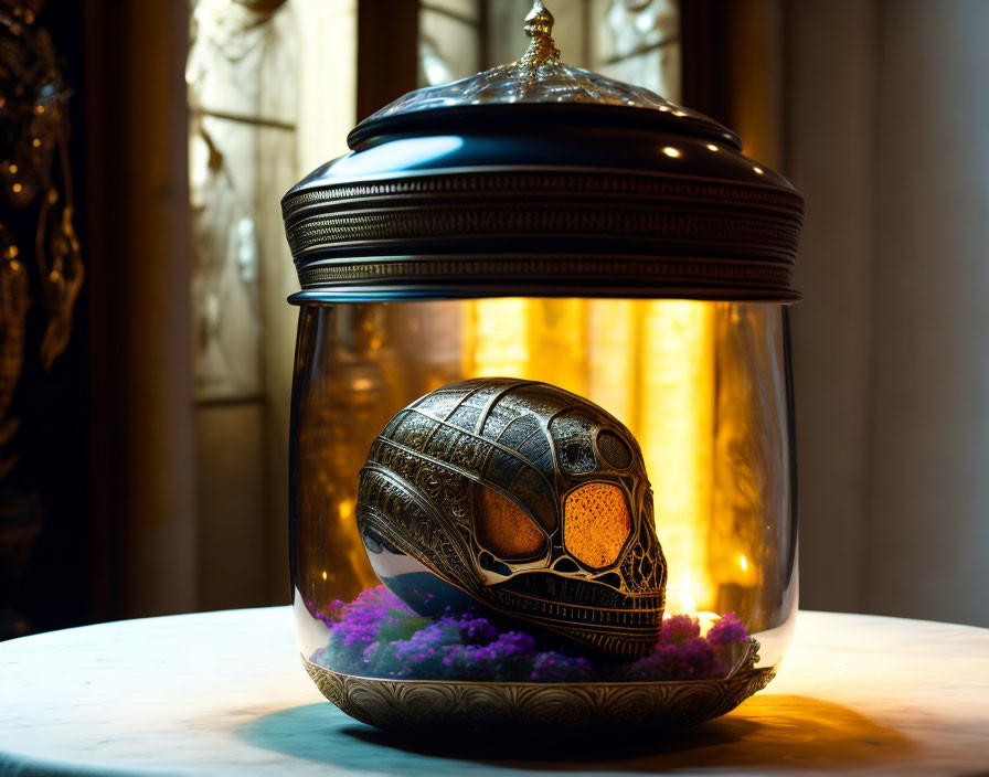 Glass Jar with Metallic Skull Lit by Warm Light on Stained Glass Background