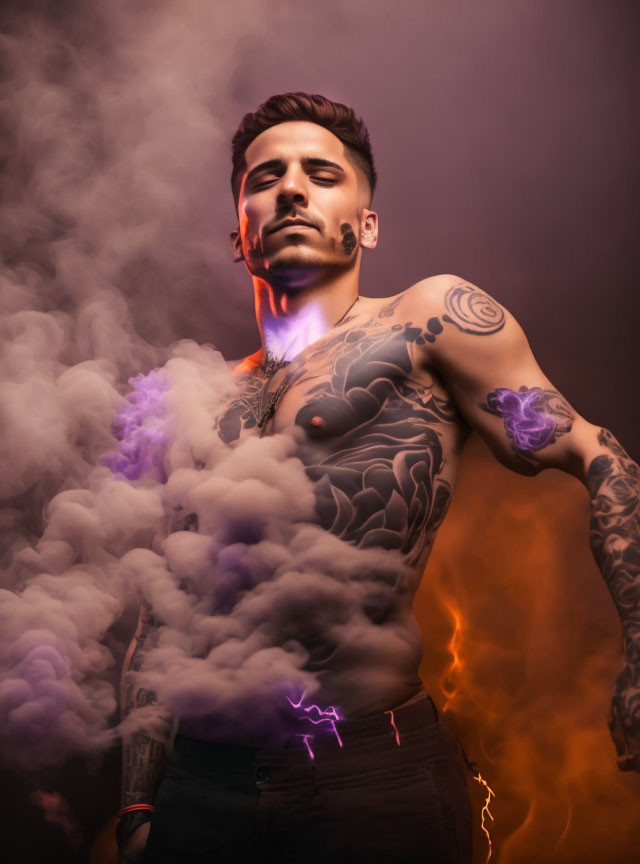 Tattooed shirtless man in purple smoke with orange light