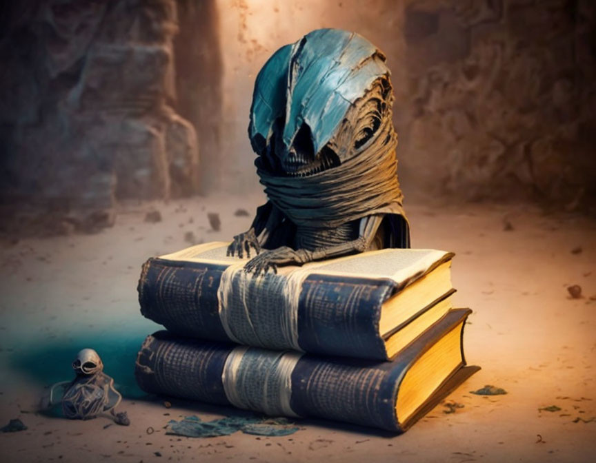 Mummy figure reading on ancient books in mystical setting