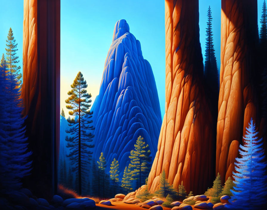 Stylized painting of dense forest with red tree trunks and blue mountain peak