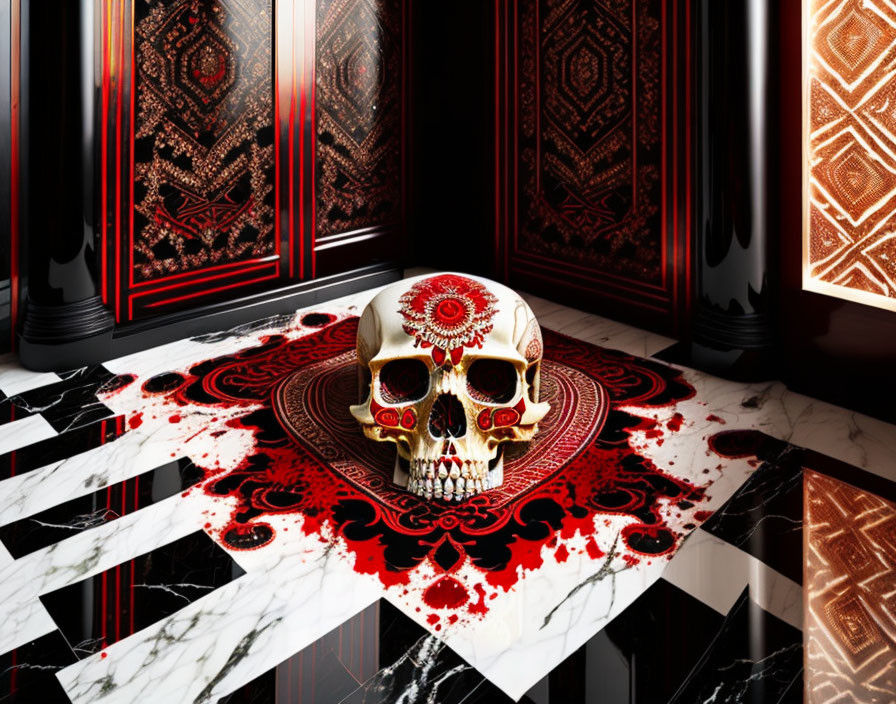 Decorated skull with red and gold patterns on marble floor with splattered red ink, surrounded by orn