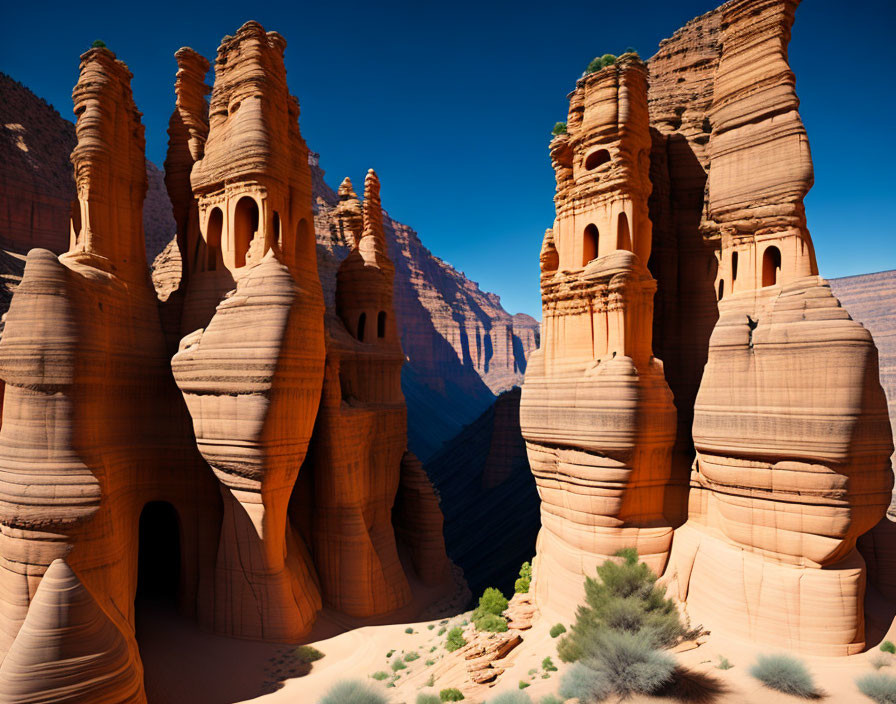 Dramatic sandstone spires with striations in desert landscape