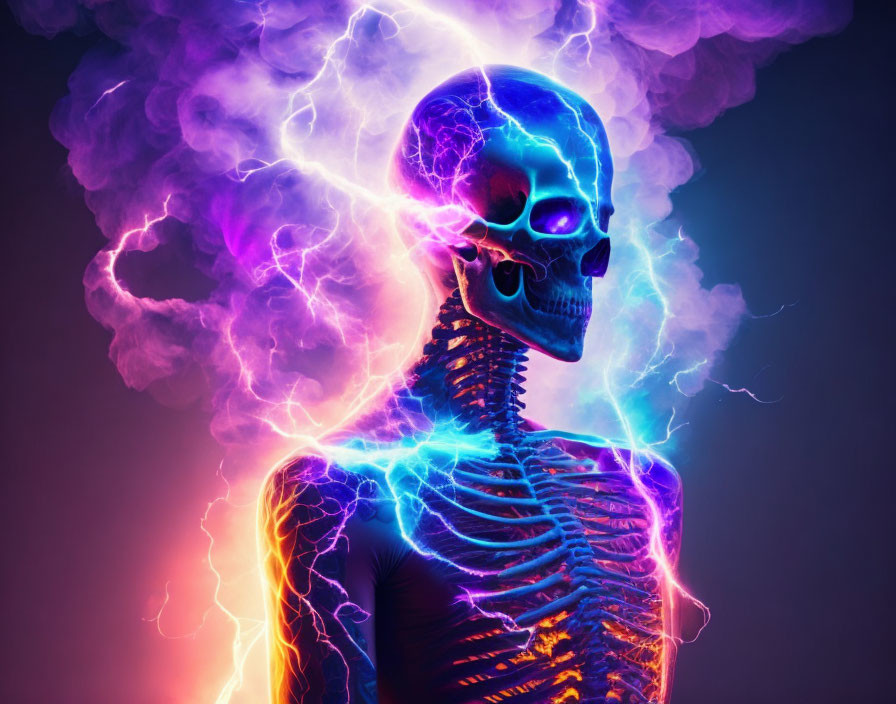 Vivid purple and blue electrical effects on human skeleton