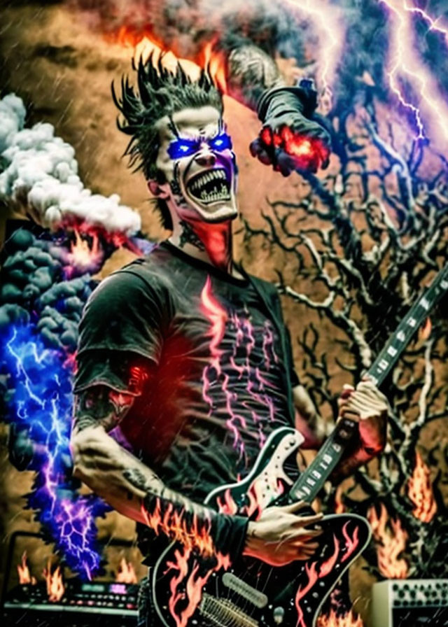 Person in Electrified Skull Mask Plays Guitar Amid Flames and Lightning