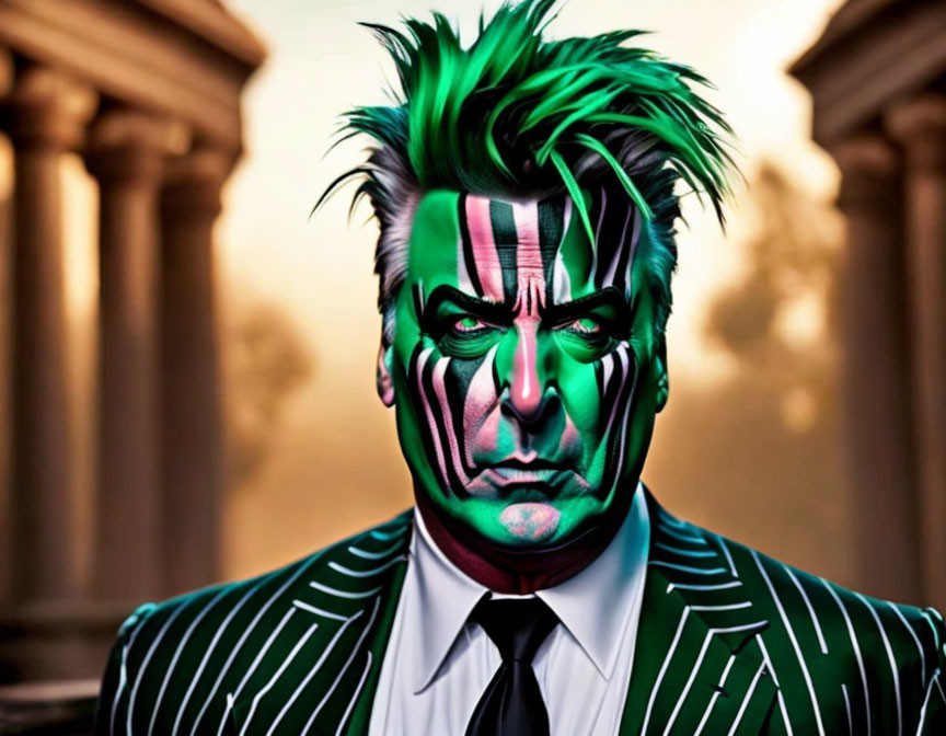 Green-haired person with Joker-inspired face paint in striped suit on blurred background