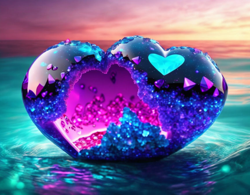 Vibrant heart-shaped gem on water with pink and blue hues