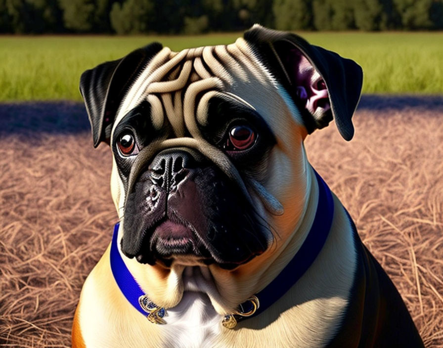 Digitally Rendered Pug Dog with Exaggerated Wrinkles and Blue Collar on Grass