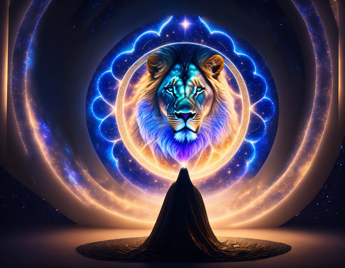 Majestic blue lion's head in cosmic swirls on dark background