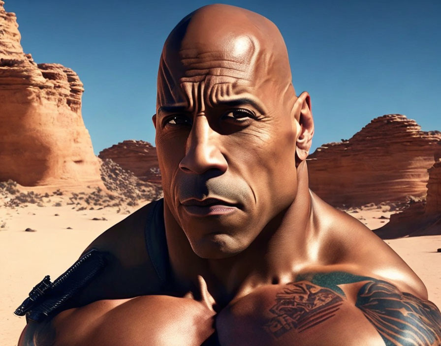 Bald muscular person with tattoos in desert landscape