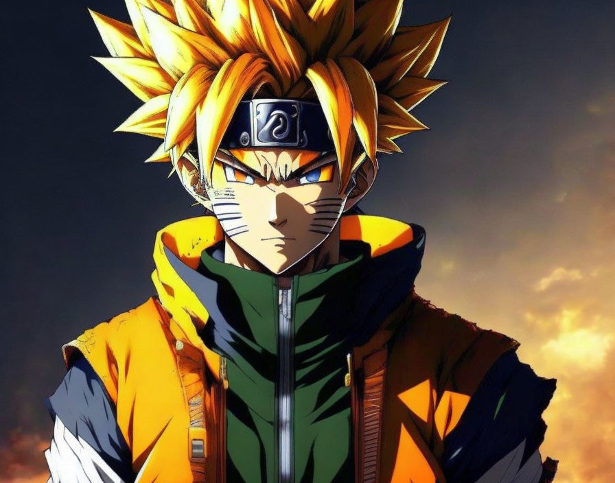 Anime character with spiky blonde hair and headband in orange and green jacket under dramatic sky