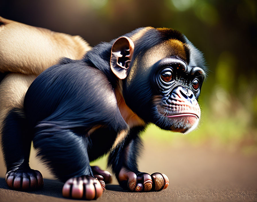 Monkey with human-like facial features walking on sunlit path